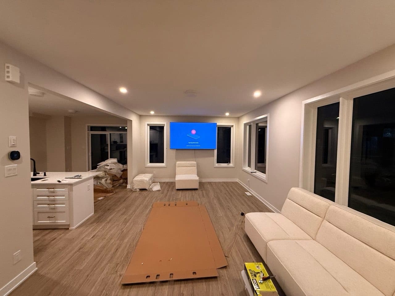 85" TV wall-mount & cable setup — after